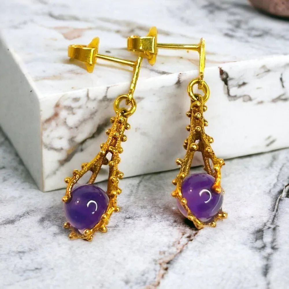 ANTIQUE-14k Gold- Amethyst Earrings -Dangle- Gold Coral Reef -Brutalist Mermaid